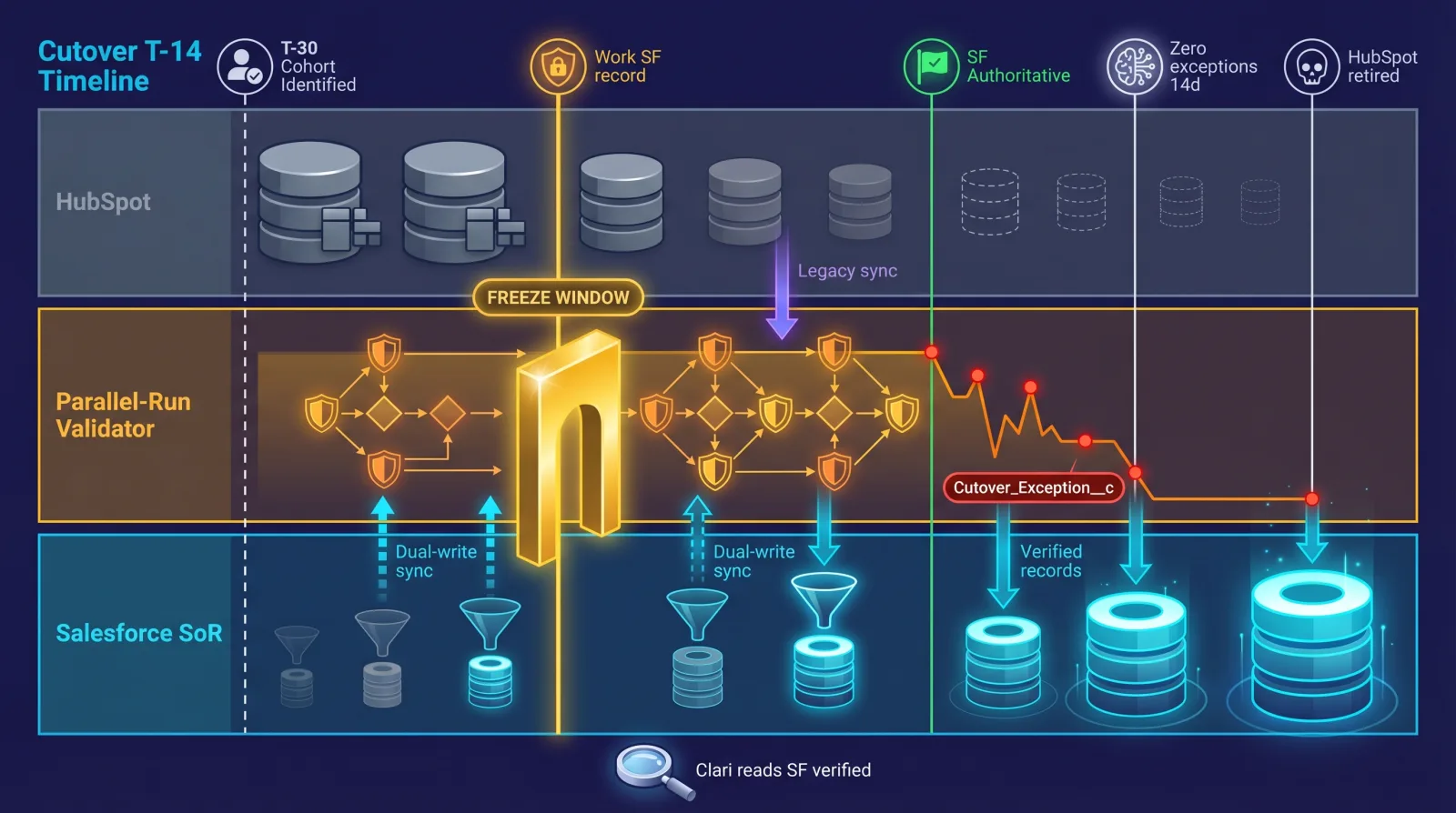 Cutover freeze timeline — HubSpot, parallel-run, Salesforce bands with T-30/T-14/T-0/T+14/T+28 markers